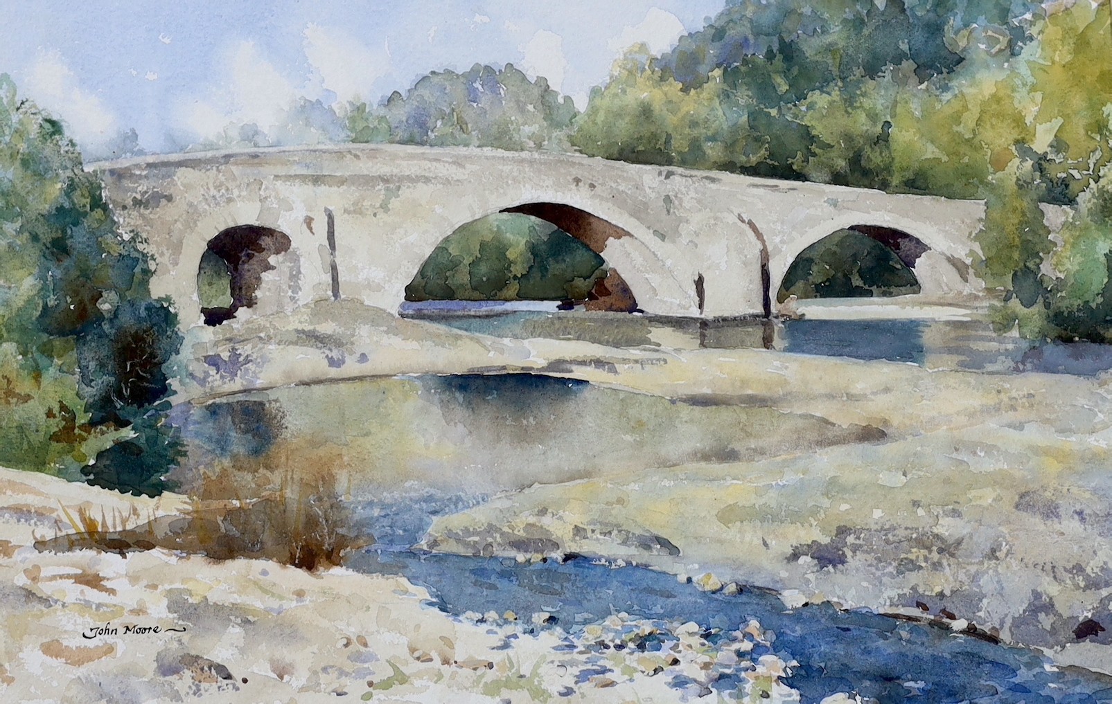 Rear Admiral Humfrey John Bradley Moore, CBE, RI (British, 1898-1985), two watercolours, 'The Old Bridge, Viviers' and 'Beach scene', both signed, 30 x 46cm and 24 x 23cm